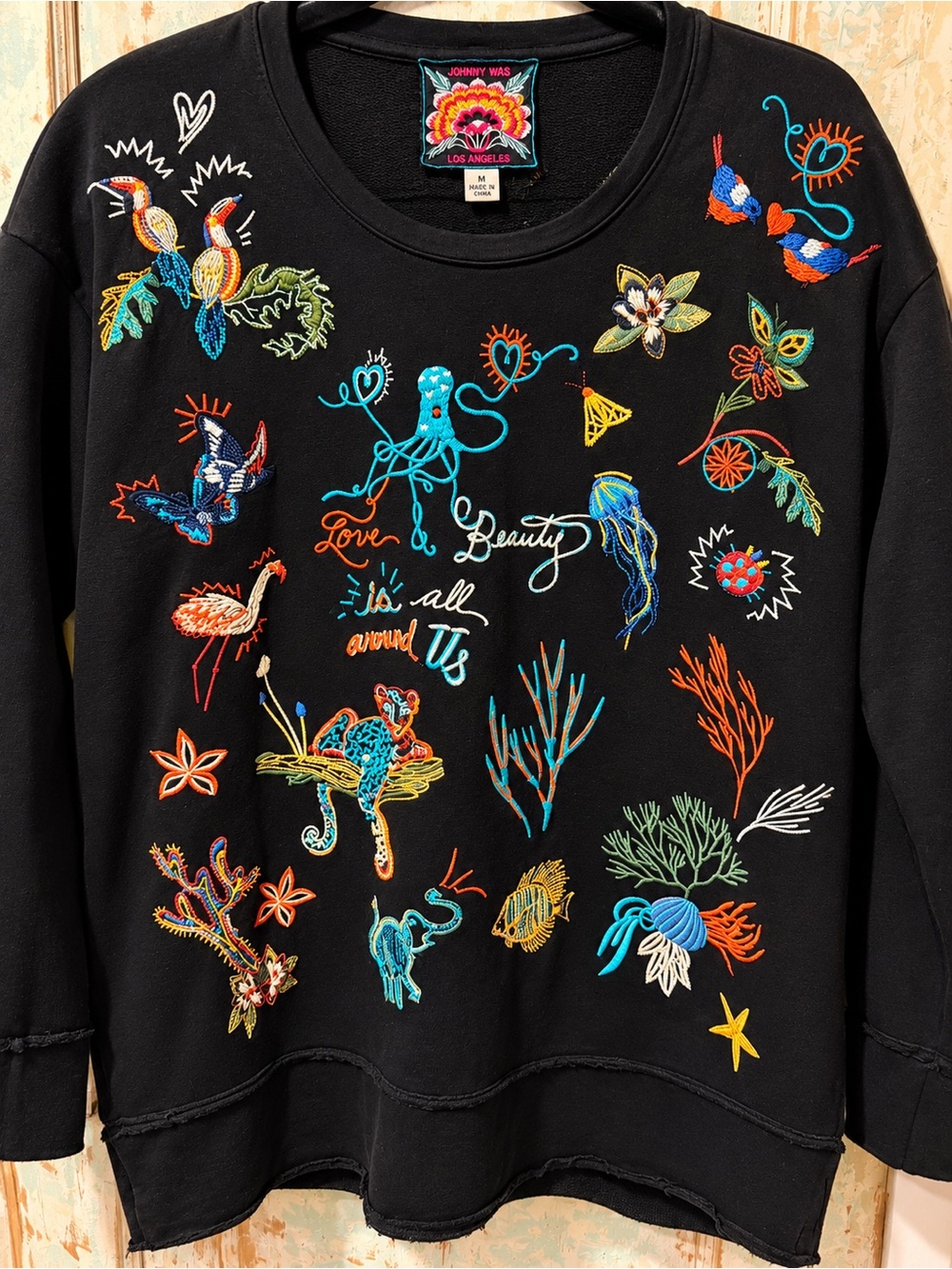 Johnny Was Black Embroidered Sweatshirt Pullover Top Size Medium